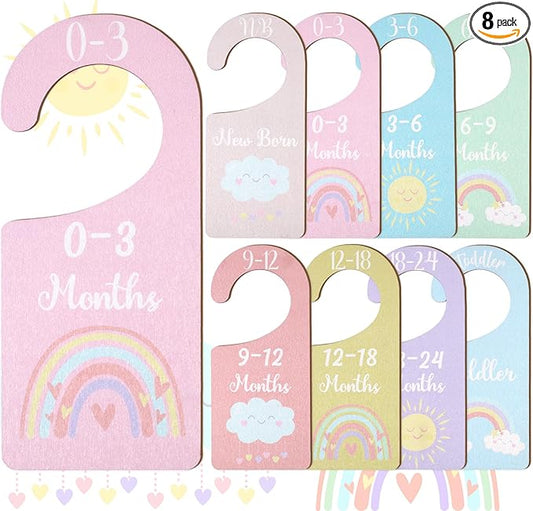 Baby Closet Dividers 8PCS, Pastel Rainbow Theme Wooden Double-Sided Clothes Size Hanger Organizer from Newborn to Toddler for Nursery Decor Baby Shower Birthday Gift