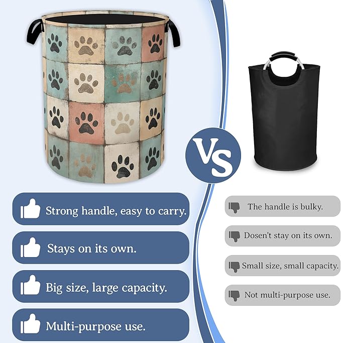 Cute Paw Print Laundry Basket,Foldable Oxford Cloth Vintage Laundry Hamper With Handle, 20.8"x16" Portable Clothes Storage Basket Bag for Laundry Room/Bathroom/Bedroom/Dormitories