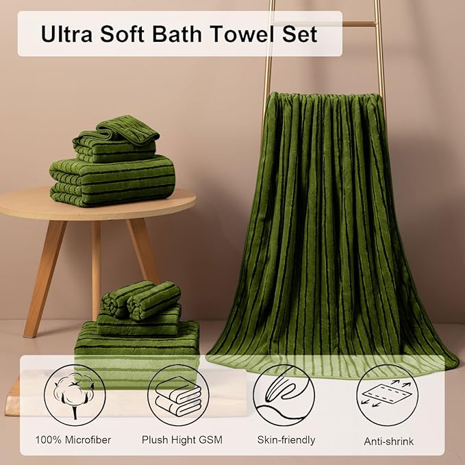 8 Pcs Army Green Cabana Stripe Large Bath Towel Set Oversized Bath Sheet-2 Bath Towels,2 Hand Towels,4 Washcloths Soft Jumbo Towels Absorbent Shower Towel Beach Chair Towels Spa Gym Hotel Towel