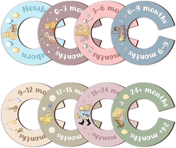 8Pcs Winnie Baby Closet Dividers, Colorful Round Baby Clothes Dividers for Closet, Newborn Baby Stuff for Baby Boys Girls, Wooden Double-Sided Baby Hanger Organizer from Newborn to Toddler