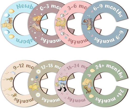 8Pcs Winnie Baby Closet Dividers, Colorful Round Baby Clothes Dividers for Closet, Newborn Baby Stuff for Baby Boys Girls, Wooden Double-Sided Baby Hanger Organizer from Newborn to Toddler