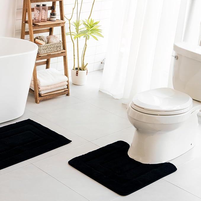 GRANNY SAYS Bathroom Toilet Rugs U Shaped, Bath Mats for Bath, Bathroom Rugs Non Slip Washable, Absorbent Microfiber Toilet Mat, Soft Plush Shaggy Bath Carpet, 20" x 24", Black