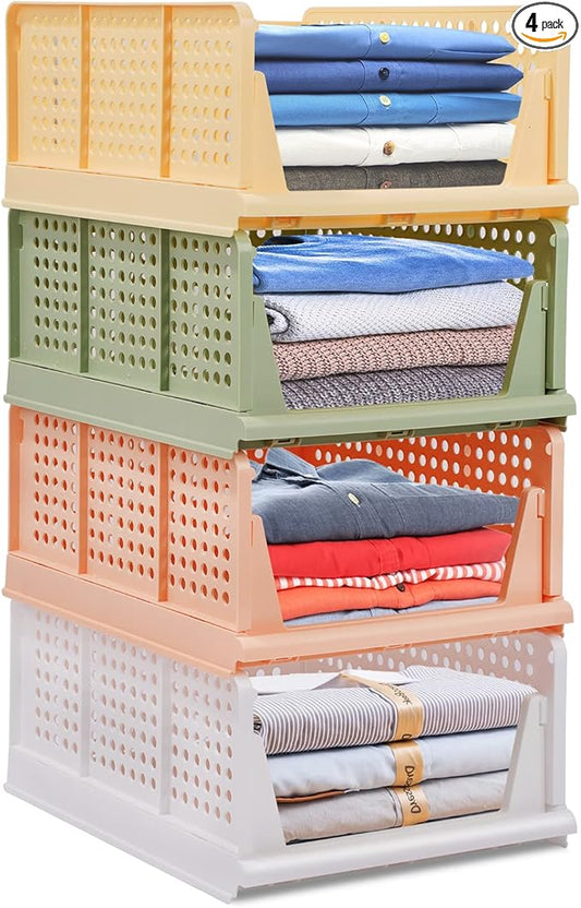 4-Pack Folding Wardrobe Storage Box Plastic Drawer Organizer Stackable Shelf Baskets Cloth Closet Container Bin Cube Home Office Bedroom Laundry Drawer Dividers for Clothes Toy Organization (Colorful)