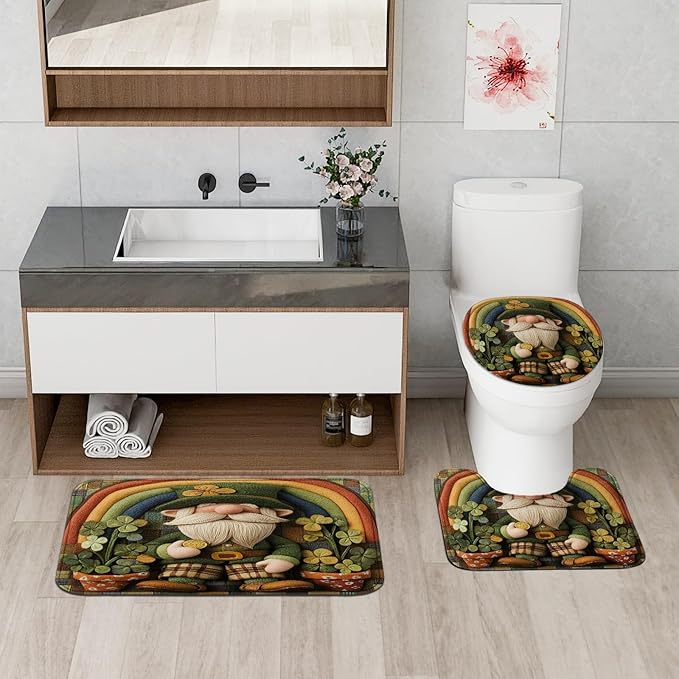 4PCS St.Patrick's Day Gnome Bathroom Accessory Sets with Non-Slip Rug, U Shape Toilet Lid Cover Mat, Wool Felt Style Leprechaun Shamrocks Bathroom Decoration 72''x72''