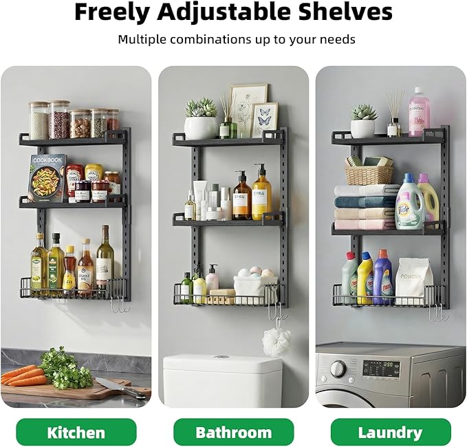 3 Tier Bathroom Shelves Over Toilet - Wall Mounted Floating Shelves with Drain Basket, Toilet Paper Storage, Height Adjustable Over The Toilet Storage, Pure Black