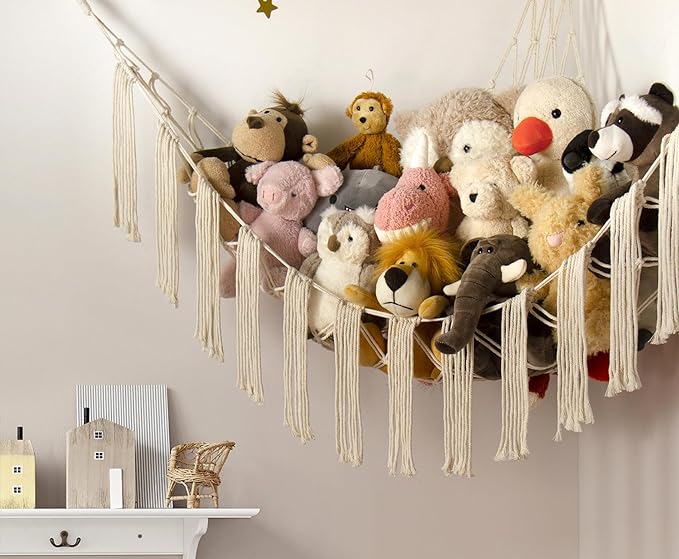 Stuffed Animal Hammock Corner with LED Light - Toy Storage Hammock Plushie Net Large - Cute Stuff Animals Holder Hanging Organizer - Baby Room Decor Kids Toddler Nursery Bedroom Boho