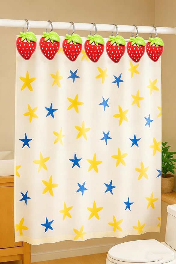 12-Piece Strawberry Shower Curtain Hooks, Decorative Resin Fruit Shower Curtain Rings, Suitable for Bathroom Decor, Compatible with Standard Shower Curtain Rods