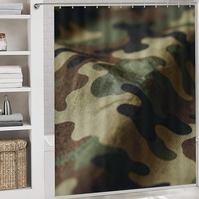 4 Piece Bathroom Rug Set with Shower Curtain, Non-Slip Bath Mat Toilet Cover Set, Camouflage Bathroom Rug Sets