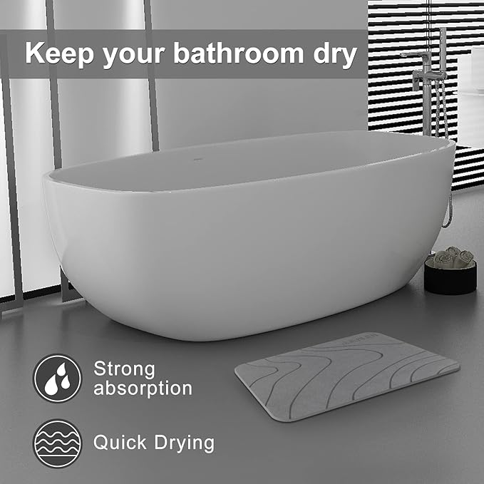 2 Pack Diatomaceous Earth Shower Mat, Stone Bath Mat, Nonslip Super Absorbent Fast-Drying Hard Bath Mat for Bathroom Shower Floor, 24 x 16 inch, Grey Wave Design