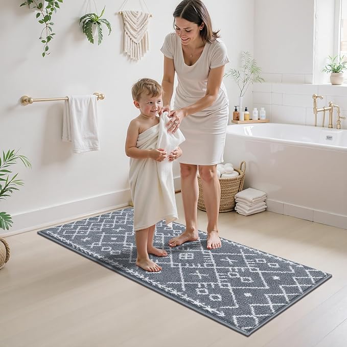 HEBE Bathroom Rugs Sets 5 Piece, Soft Absorbent Microfiber Bath Mat for Bathroom, Non Slip Washable Bath Rug Set with Toilet Cover, Bath Runner and U-Shaped Contour Toilet Rug, Light Grey