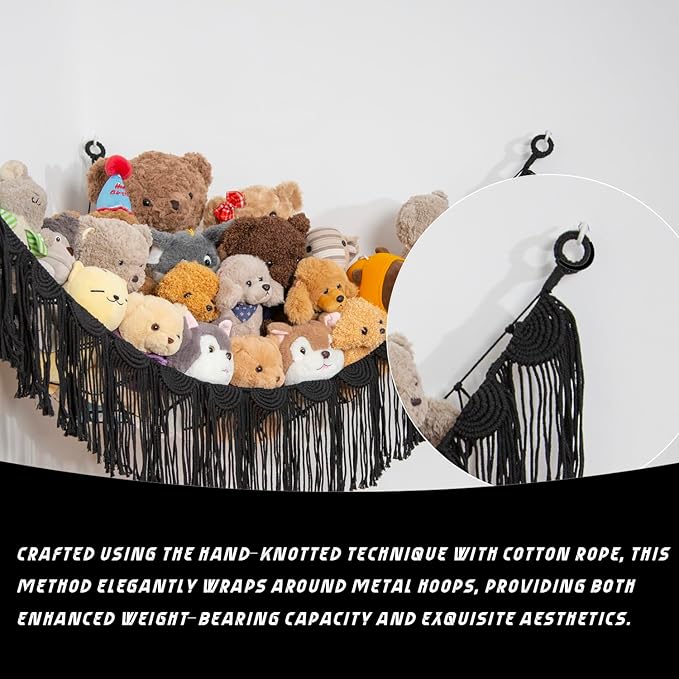 Stuffed Animal Hammock Corner Hanging Net for Toy Organizer Playroom Stuffed Animal Toy Hammock Macraem Toy Display Plush Toy Holder for Bedroom (Black)