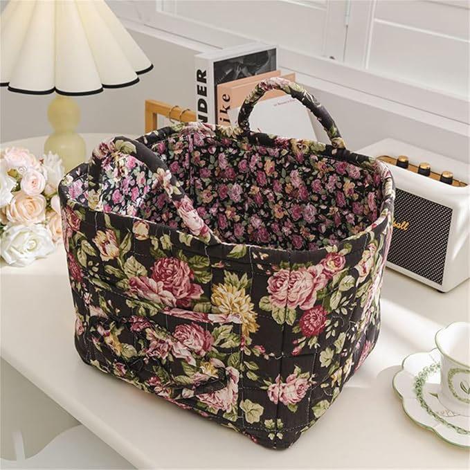 Boho Fabric Storage Basket, Large Capacity Laundry Basket, 12.2'' x 10.23'' x 10.23'' Collapsible Laundry Hamper with Easy Carry Handles (Black, L)