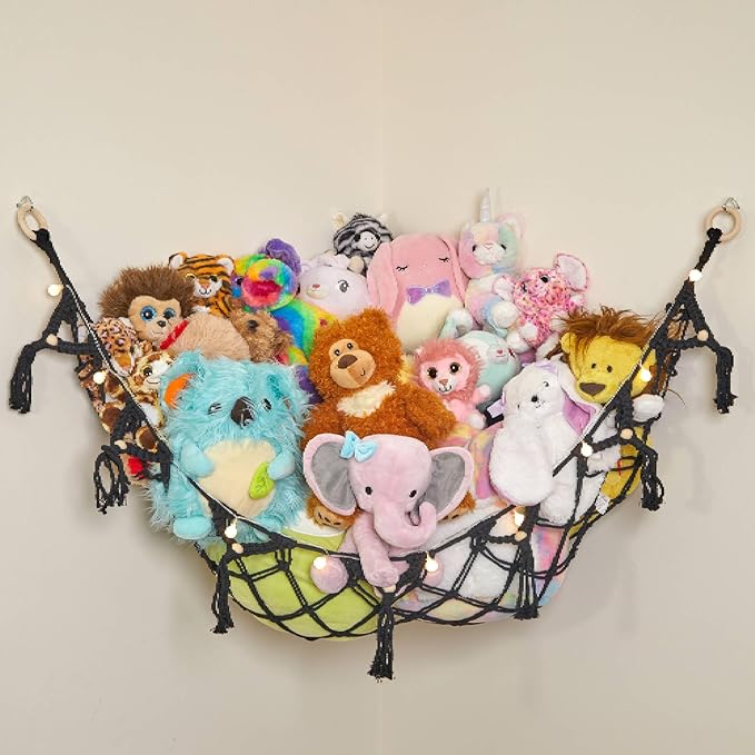 Lilly's Love Stuffed Animal Storage Macrame Hammock w/String Lights, Large - Boho Room Decor Toy Storage - Corner Hanging Plushie Stuffed Animal Net Organizer (Black)