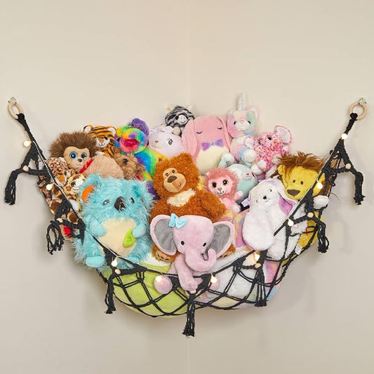 Lilly's Love Stuffed Animal Storage Macrame Hammock w/String Lights, Large - Boho Room Decor Toy Storage - Corner Hanging Plushie Stuffed Animal Net Organizer (Black)