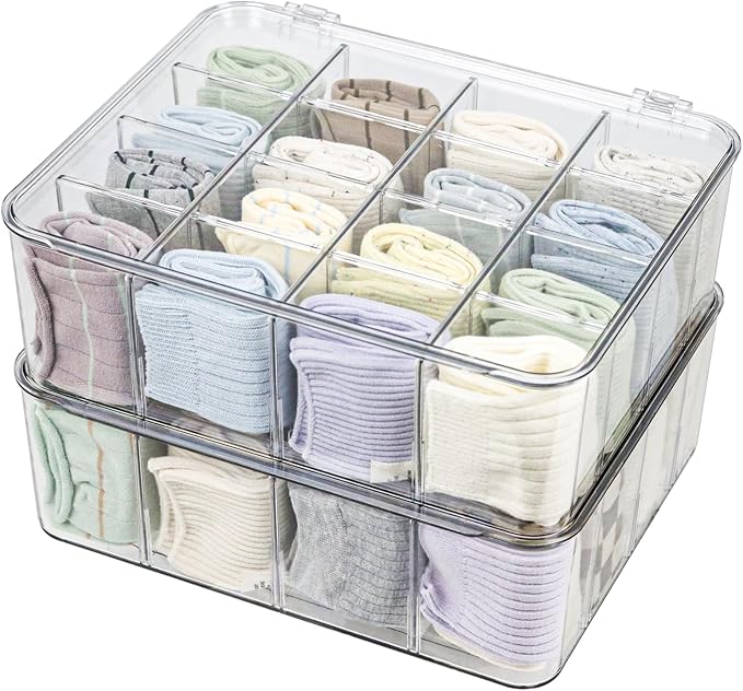 Plastic Clear Storage Containers, Set of 2, Sock Organizer Divided Boxes with Lids, Underwear Drawer Organizer, Tie Dresser Organizer (11.8×9.4×3.9")