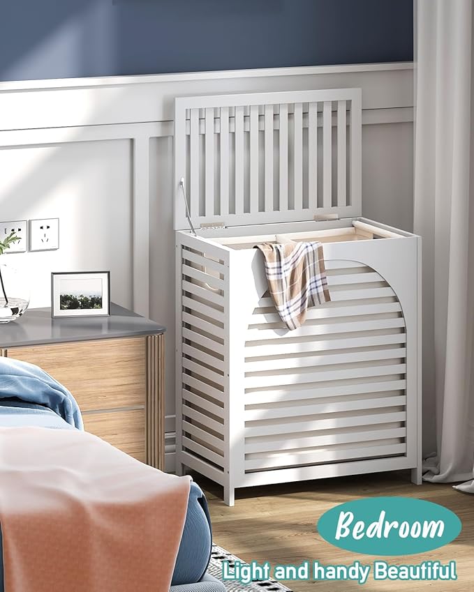 White Laundry Hamper, Laundry Hamper with Lid, 27.3 Gallon (103L) Bamboo Wood Clothes Laundry Basket with Lid and Handles, Removable Liner