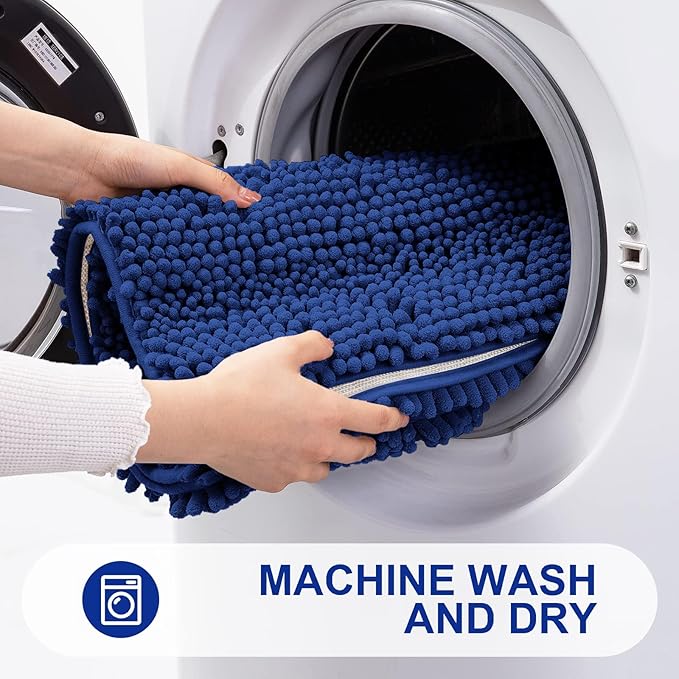 Grandaily Chenille Striped Bathroom Rugs 24x16, Extra Thick and Absorbent Bath Mats, Non-Slip Soft Plush Shaggy Shower Carpet, Machine Wash Dry, Bath Rug for Bathroom, (Small, Cobalt Blue)