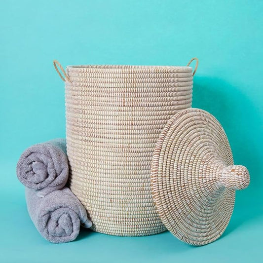 Medium Basket, Home Storage, Towel Hamper, White Room Decor, Wicker Basket with Lid, Woven Storage Bin, African Baskets with Handles, Coil Style Weaving, Made in Senegal,15" W, 19" T