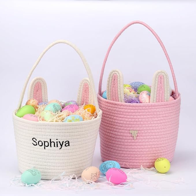 Personalized Easter Basket for Kids with Name - Custom Cute Embroidery Easter Bunny Rope Basket for Boys Girls, Easter Egg Hunt Basket (Pink-White)