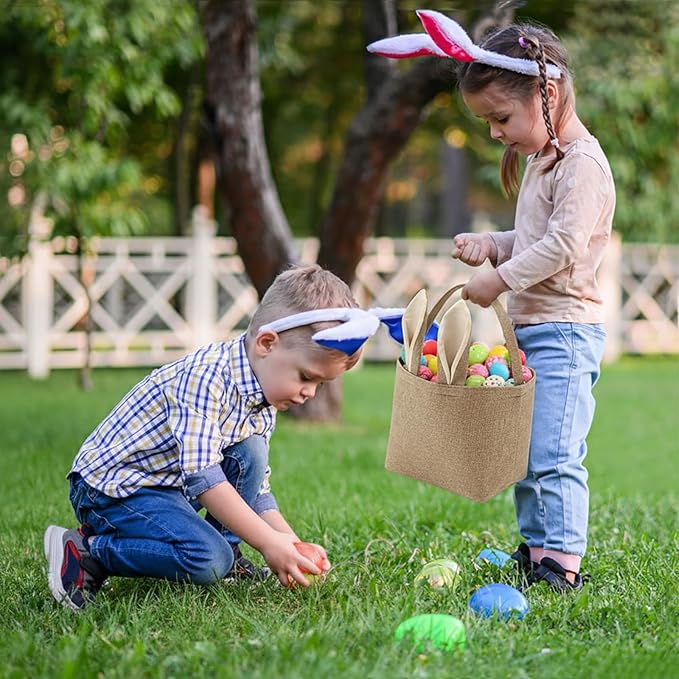 Easter Bunny Basket for Kids,Cute Easter Bucket Bags with Rabbit Ears for Easter Eggs Hunting,Easter Decorations,Candy Gifts Storage (Linen)