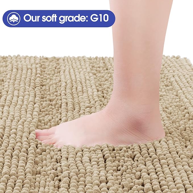ACCUMTEK Striped Beige Bathroom Rug Mat Set 2 Piece 32"x20"+24"x17" Ultra Soft, Non Slip Chenille Bath Rugs, Absorbent Plush Shaggy Bath Mats for Bathroom, Bedroom, Kitchen, Shower, Tub