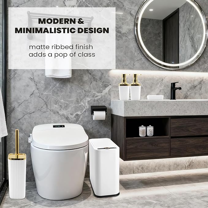 9-Piece White Bathroom Set with Press-Top Slim Trash Can - Minimalist Vertical Stripe Bathroom Accessories Sets with Toilet Brush, Soap Dispenser, Toothbrush Set, Soap Dish & Apothecary Jars