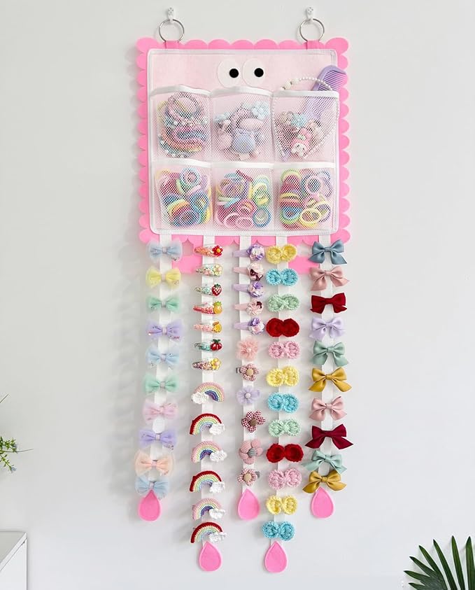 Hanging Hair Clip Organizer with Multiple Storage Pockets, Hair Bow Holder for Girls, Barrettes and Scrunchies Storage Solution, Hair Accessories Organizer (Pink)