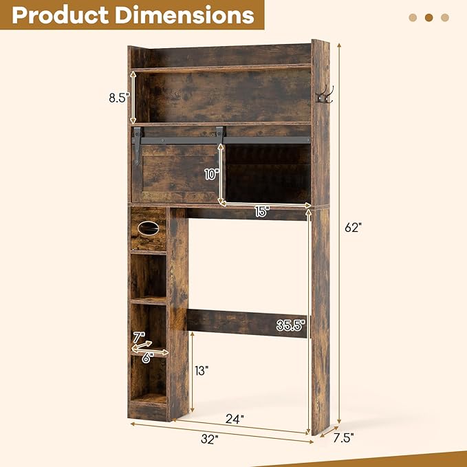 Tangkula Over The Toilet Storage Cabinet, Farmhouse Freestanding Above Toilet Rack w/Sliding Barn Door, Adjustable Shelves, Toilet Paper Holder, 2 Hooks, Bathroom Space Saver (Retro, Rustic Brown)