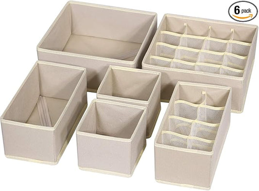 6 Pack Foldable Drawer Organizer Dividers Cloth Storage Box Closet Dresser Organizer Cube Fabric Containers Basket Bins for Underwear Bras Socks Panties Lingeries Nursery Baby Clothes Beige