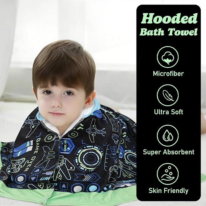 Hooded Towels for Kids Game 60" x 35" Toddler Bath Beach Towel Poncho with Hood Super Soft and Absorbent 100% Microfiber for Boys Ages 5-12