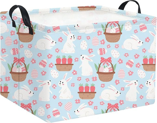 HIYAGON Rectangular Easter Basket for Kids Baby Easter Basket for Boys and Girls Cute Toy Storage Organizer Bin Box Room Decor(Blue Flower Easter)