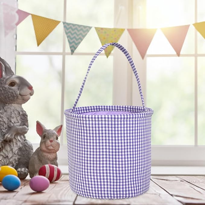 Plaid Easter Basket Stitch Easter Bag for Kids Colorful Cloth Baskets with Long Handle 9 Inch Spring Decorations (Purple)