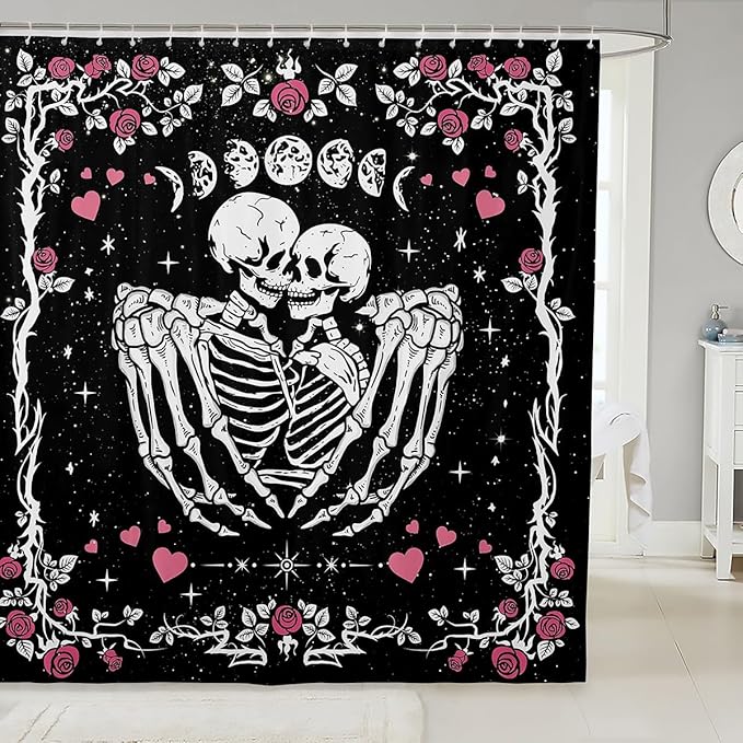 Happy Halloween Theme Shower Curtain,Bohemian Sun Moon Flower Decorative Bath Curtain,Romantic Skeleton Home Bathroom Decor Polyester Fabric Waterproof 72 x 84 Inches