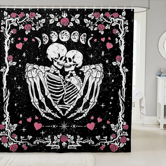 Happy Halloween Theme Shower Curtain,Bohemian Sun Moon Flower Decorative Bath Curtain,Romantic Skeleton Home Bathroom Decor Polyester Fabric Waterproof 72 x 84 Inches