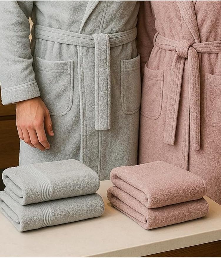 12 Piece Family Towel and Robe Set Cotton Bathrobe Towel Set Dowry Set Includes Bath Towels Hand Towels and Washcloths Gray and Powder Pink - Gray-Powder Pink, Standard