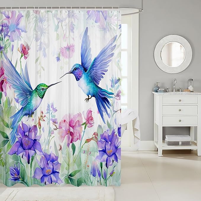Hummingbird Girls Shower Curtain Butterfly Flower Birds Bath Curtain Wild Animals Bathroom Sets Floral Plants Fresh Nature Fabric Curtains Sets Waterproof For Women Bathroom Decor 72"W x 72"L Green