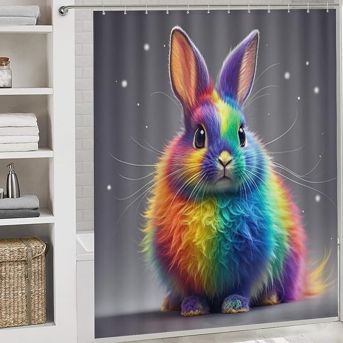 4 Piece Bathroom Rug Set with Shower Curtain, Non-Slip Bath Mat Toilet Cover Set, Rainbow Rabbit Bathroom Rug Sets