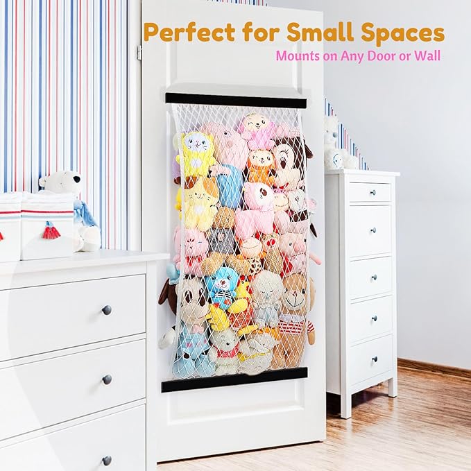 Stuffed Animal Storage Net, Elastic Stuffed Toy Holder,Door/Wall Mount Length Adjustable Hanging Soft Toy Organizer, Plushie Net for Nursery Play Room-Black Boards