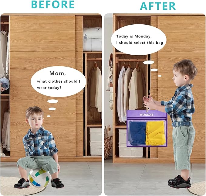 7 Pcs Weekly Travel Organizer Pouches Day of Week Clothing Packing Cubes Monday to Sunday School Clothes Organizer for Kids (Purple)