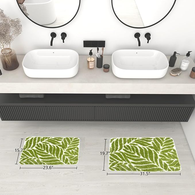 Grass Green Leaf Bathroom Rugs - Cute Bath Mat, Green Bath Mats Non Slip Machine Washable Funny Bathroom Decor Water Absorbing Bath Rugs for Sink Bathtub Shower 20" x 32"