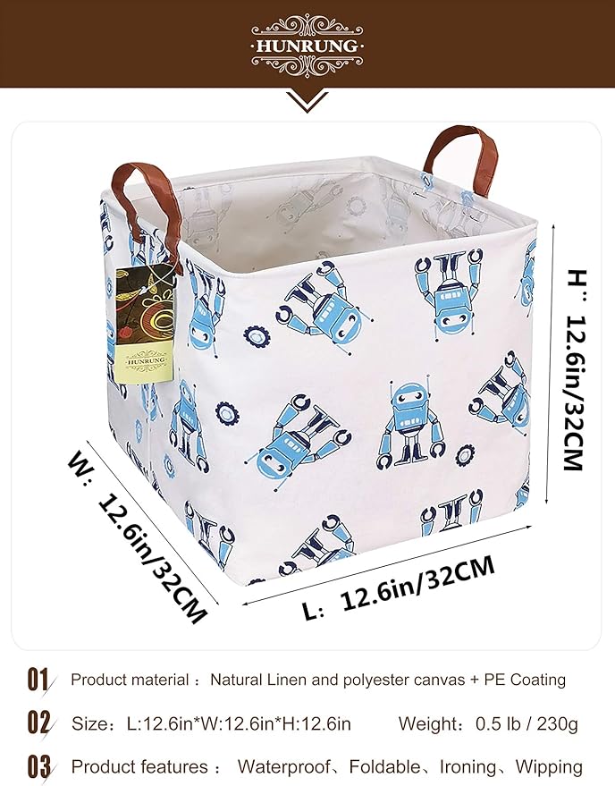 HUNRUNG Square Storage Bins Nursery Hamper Canvas Laundry Basket Foldable with Waterproof Nursery Boxes for Shelves/Gift Baskets/Toy Organizer/Office, Bedroom (Square-Blue robot)