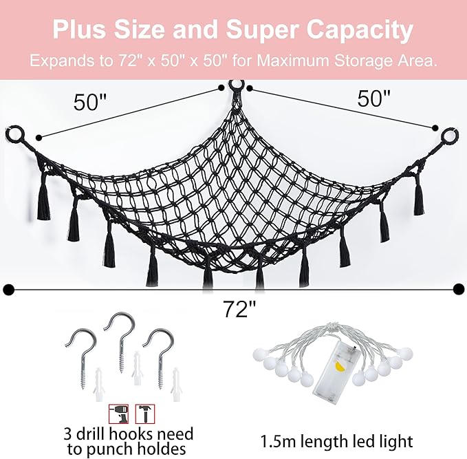 Stuffed Animal Net or Hammock with Light,Yewiwin Macrame Hanging Net Hammock for Stuffed Animal Toy Storage Organizer Boho Decor Room Holder for Nursery Play Room Bedroom (Black(55"*55"*72"))