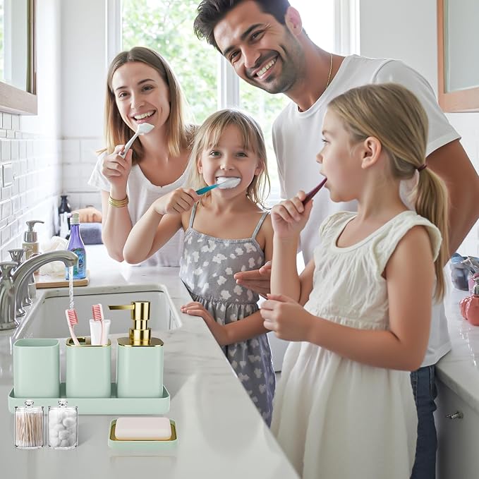 25PCS Bathroom Accessory Set, Green Bathroom Set with Large-Capacity 4 Gallon Trash Can,Bathroom Rugs Set, Waterproof Shower Curtain, Toilet Brush, Toothbrush Holder & Soap Dispenser