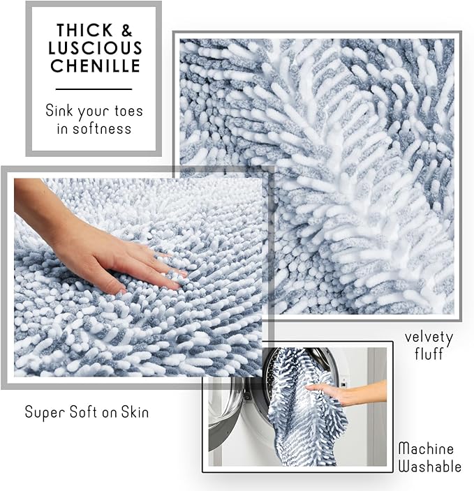 Hearth & Harbor Bathroom Rugs, Chenille Bath Mat - Machine Washable Bath Mats for Bathroom Non-Slip Backing Rubber, Quick Dry Bathroom Mat, 17 x 24 + 20 x 32 - Ombre Blue