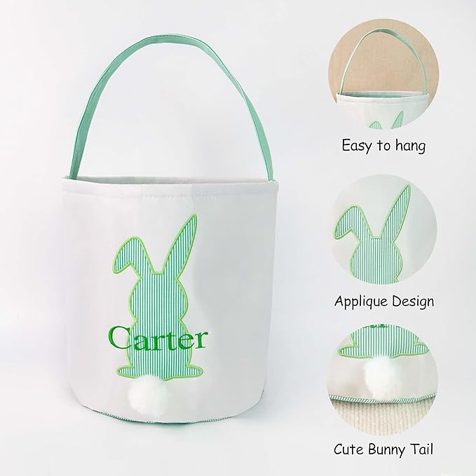 MT WORLD Toddler Easter Bunny Basket Personalized Easter Egg Bucket for Kids with Name Canvas Rabbit Bucket Tote for Baby Boys Girls Easter Egg Hunts Decorations Candy Gifts Storage (Green Bunny)