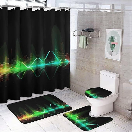 4 Piece Bathroom Rug Set with Shower Curtain, Non-Slip Bath Mat Toilet Cover Set, Cool Music Sound Wave Bathroom Rug Sets