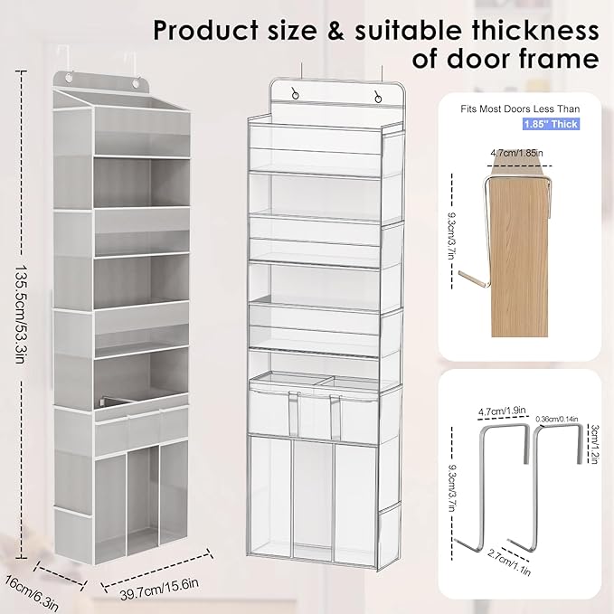 Over The Door Organizer, 5 Tiers Hanging Nursery Storage Closet Organizer with Movable Shelf, Large Capacity Caddy, 10 Side Pockets, Back of Door for Bedroom Bathroom Dorm Decor, Grey