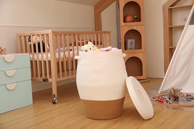 26"x20" Handcrafted Tall Cotton Rope Basket with Lid, Stylish Flagon Shape with Cover, Clothes Hamper with Top, for Bedroom and Living Room, White/Camel Bottom