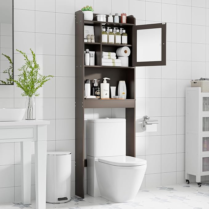 ZenStyle Over The Toilet Cabinet Double Door Wood Bathroom Storage Organizer with Adjustable Shelves, Cubby and Tempered Glass Door (Brown)