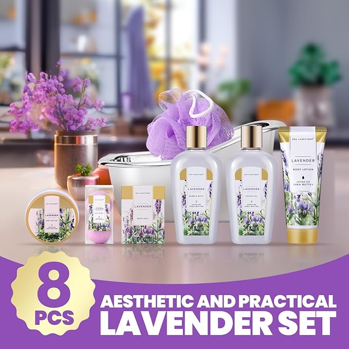 spa luxetique Spa Gifts for Women, Gift Basket, 8 Pcs Lavender Bath Sets with Bubble Bath, Lotion Sets, Birthday Anniversary Gifts for Her, Self Care Kit, Mothers Day Gift for Mom
